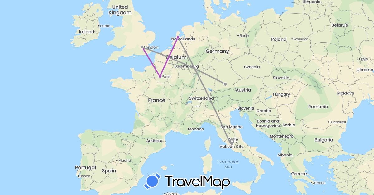 TravelMap itinerary: driving, plane, train in Germany, France, United Kingdom, Italy, Netherlands (Europe)